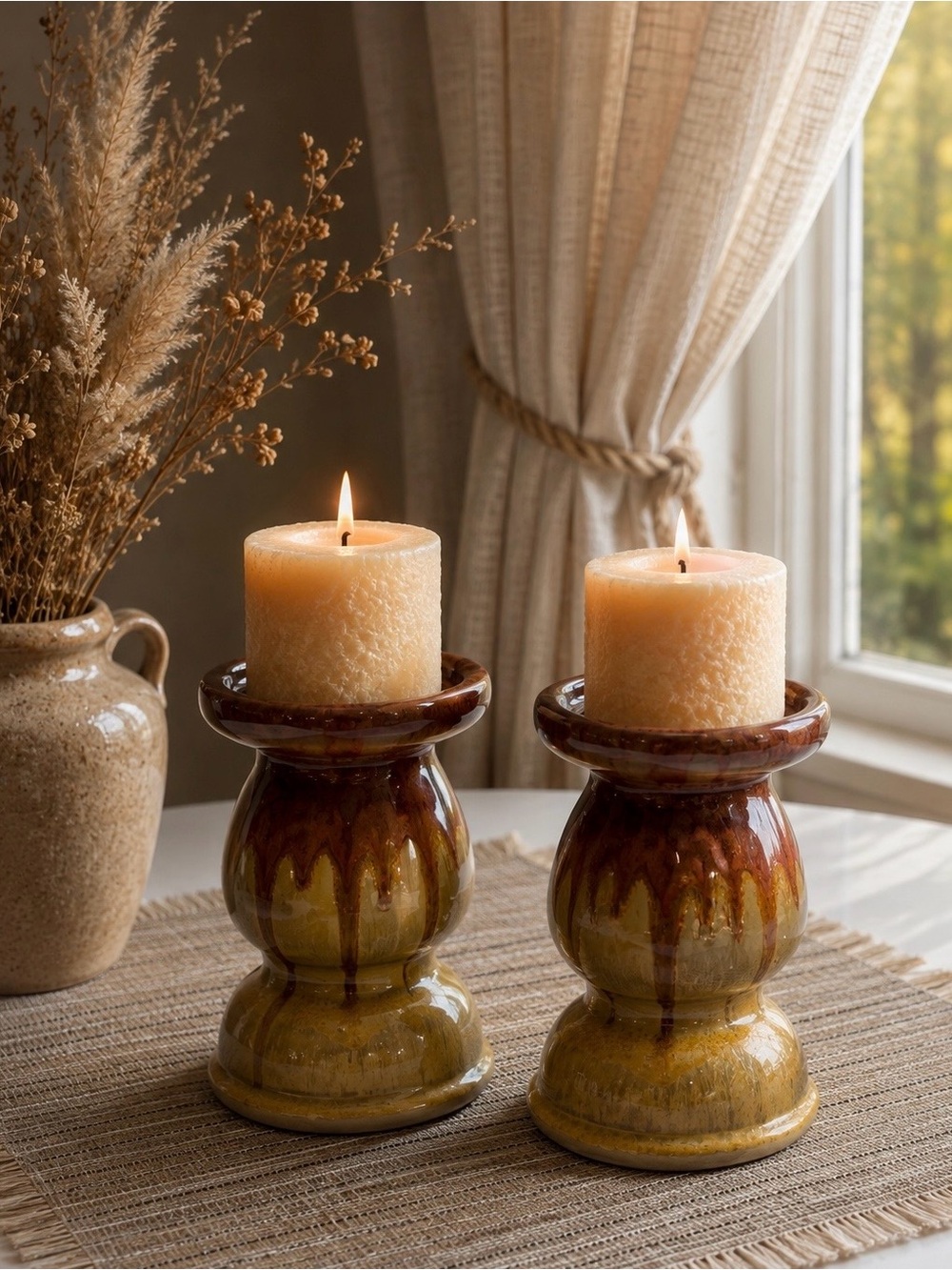 Ceramic Drip-Glaze Candle Holders with Beige Candles - Set of 2
